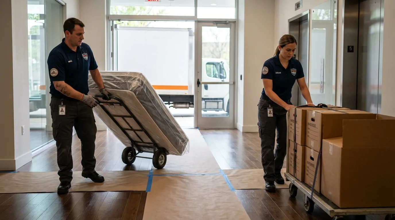 Professional apartment movers loading elevator in Livermore, KY
